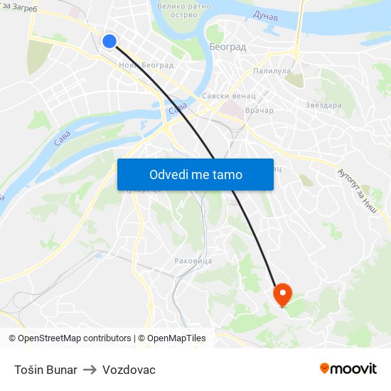 Tošin Bunar to Vozdovac map