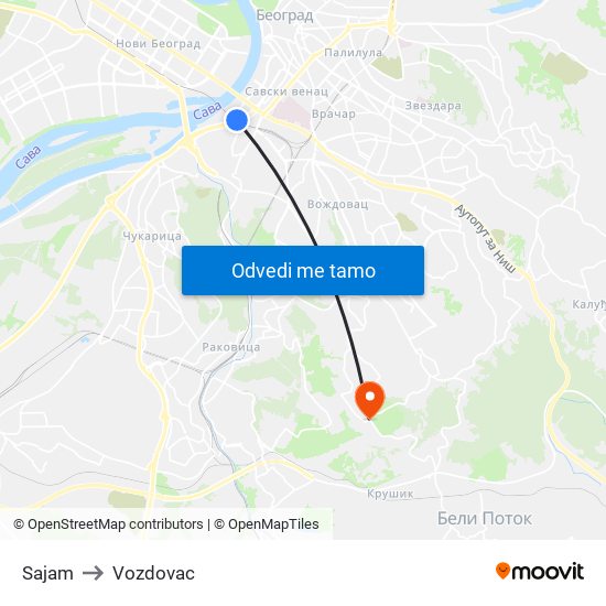 Sajam to Vozdovac map