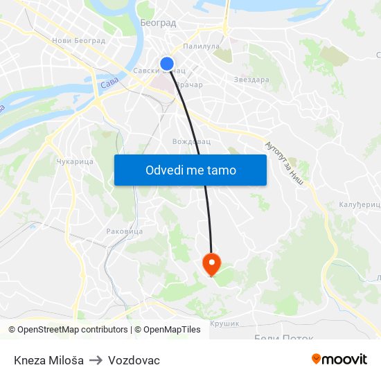 Kneza Miloša to Vozdovac map