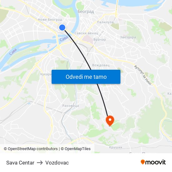 Sava Centar to Vozdovac map