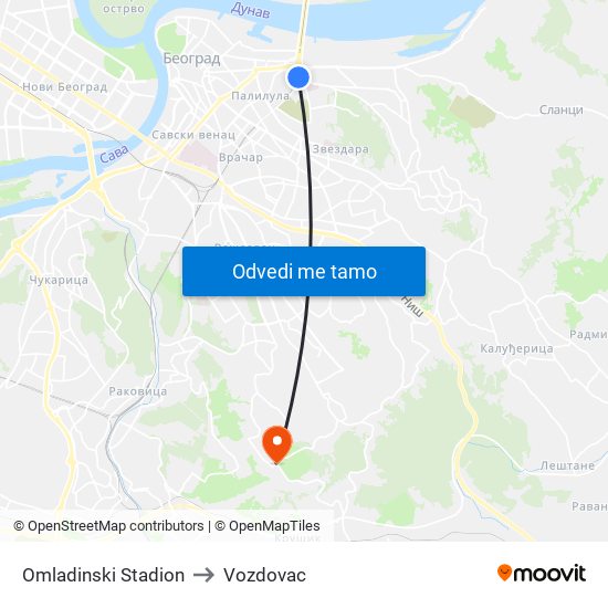 Omladinski Stadion to Vozdovac map