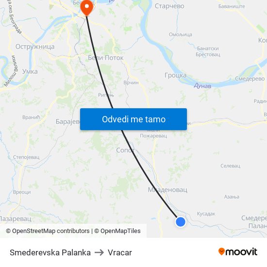 Smederevska Palanka to Vracar map