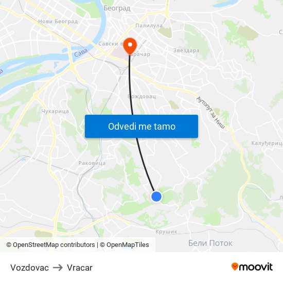 Vozdovac to Vracar map