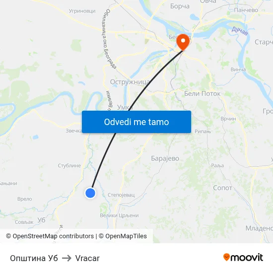 Општина Уб to Vracar map