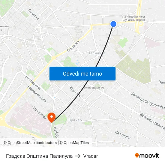 Градска Општина Палилула to Vracar map