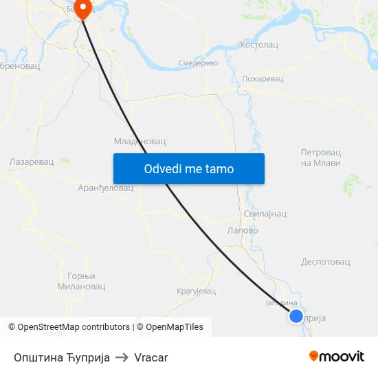 Општина Ћуприја to Vracar map