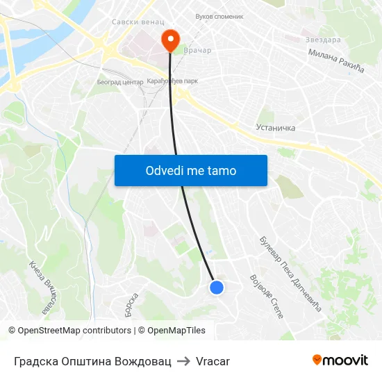 Градска Општина Вождовац to Vracar map