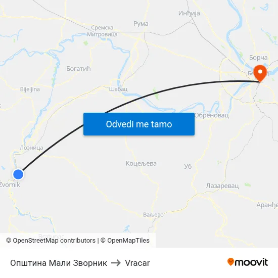 Општина Мали Зворник to Vracar map