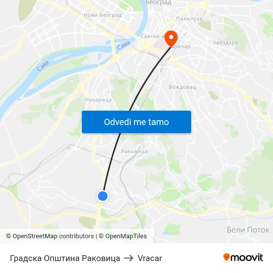 Градска Општина Раковица to Vracar map