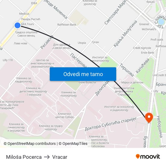 Miloša Pocerca to Vracar map