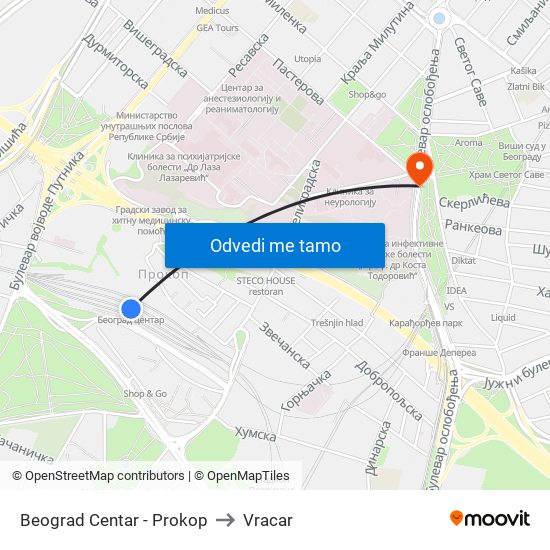 Beograd Centar - Prokop to Vracar map