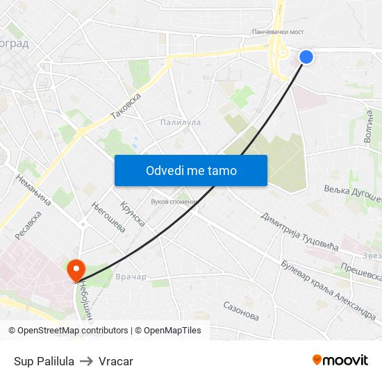 Sup Palilula to Vracar map
