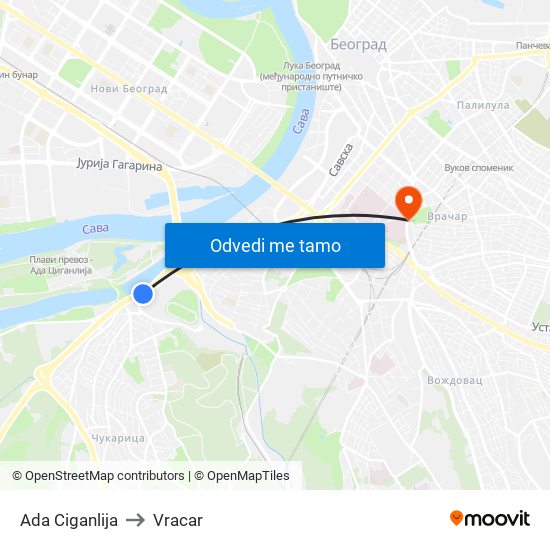 Ada Ciganlija to Vracar map