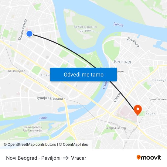 Novi Beograd - Paviljoni to Vracar map
