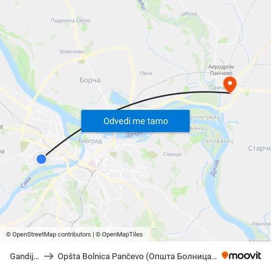 Gandijeva to Opšta Bolnica Pančevo (Општа Болница Панчево) map