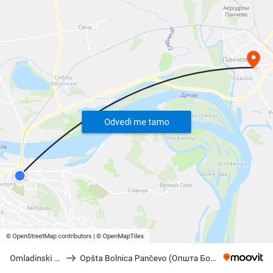 Omladinski Stadion to Opšta Bolnica Pančevo (Општа Болница Панчево) map