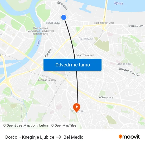 Dorćol - Kneginje Ljubice to Bel Medic map