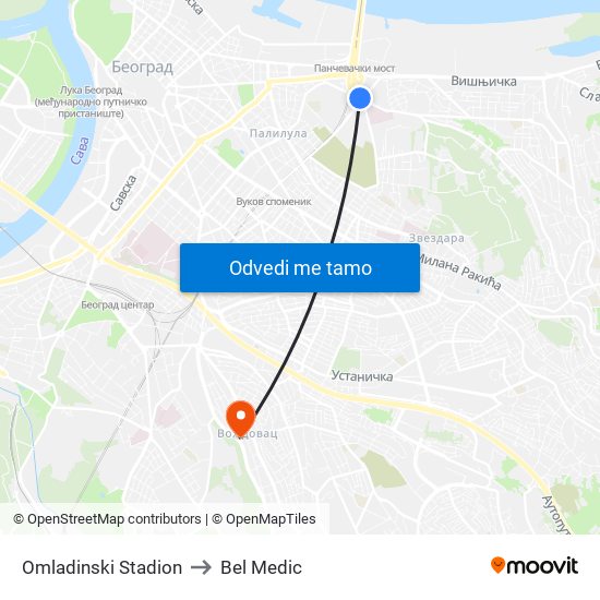 Omladinski Stadion to Bel Medic map