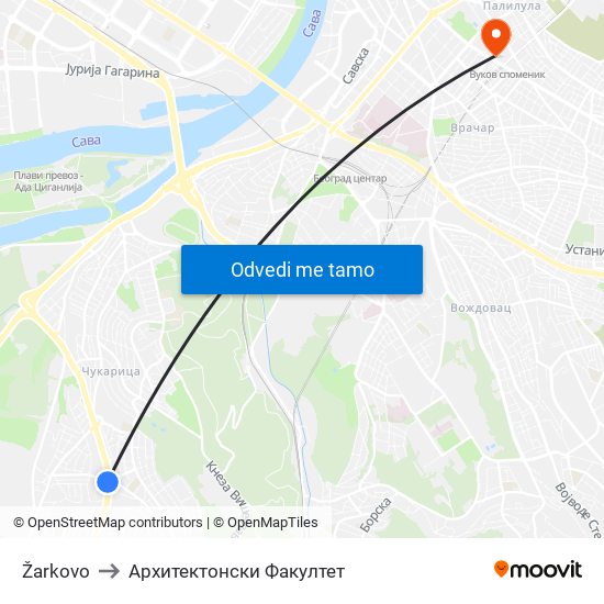 Žarkovo to Архитектонски Факултет map