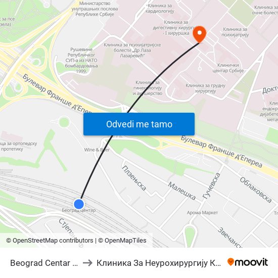 Beograd Centar - Prokop to Клиника За Неурохирургију Кцс (Гама Нож) map