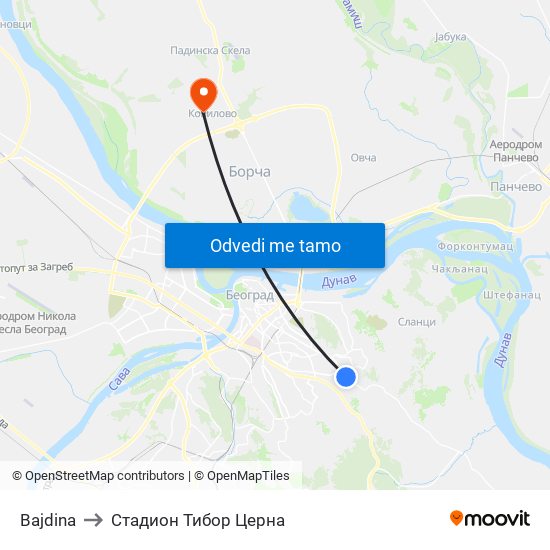 Bajdina to Стадион Тибор Церна map