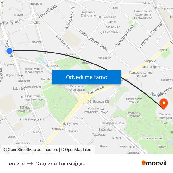 Terazije to Стадион Ташмајдан map