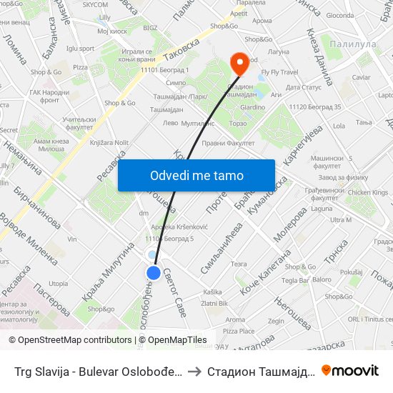 Trg Slavija - Bulevar Oslobođenja to Стадион Ташмајдан map
