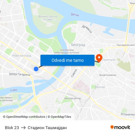 Blok 23 to Стадион Ташмајдан map