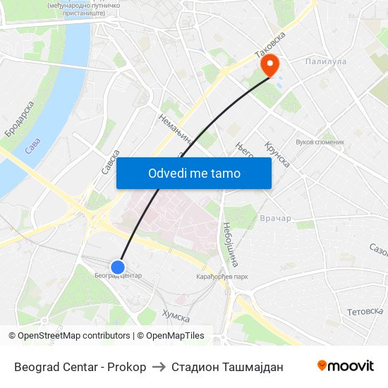 Beograd Centar - Prokop to Стадион Ташмајдан map