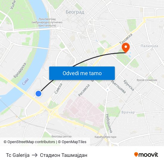 Tc Galerija to Стадион Ташмајдан map