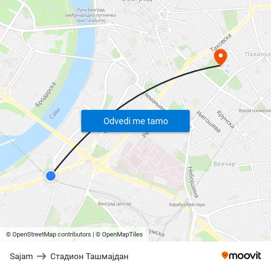 Sajam to Стадион Ташмајдан map