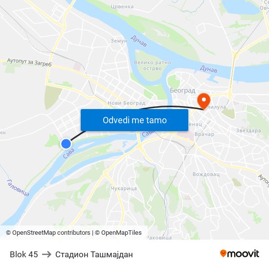 Blok 45 to Стадион Ташмајдан map