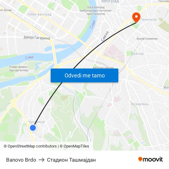 Banovo Brdo to Стадион Ташмајдан map