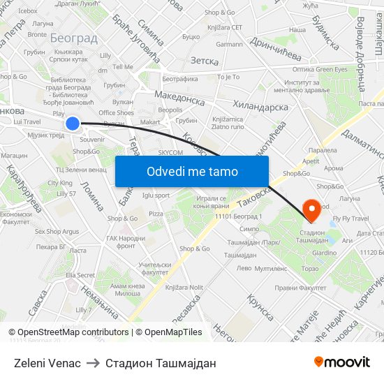 Zeleni Venac to Стадион Ташмајдан map