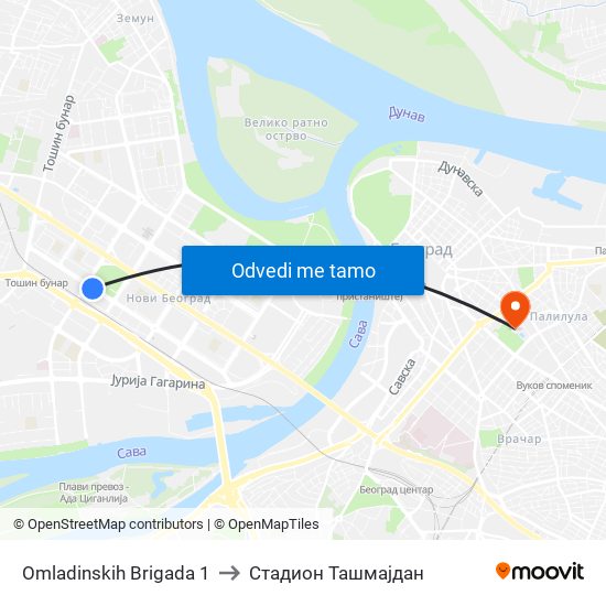Omladinskih Brigada 1 to Стадион Ташмајдан map