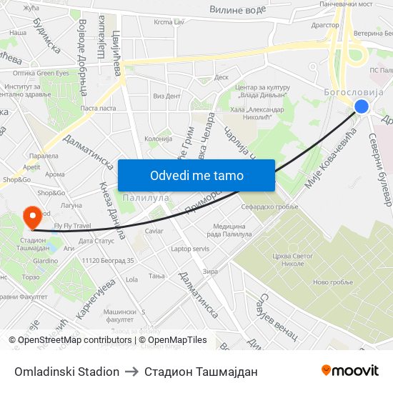 Omladinski Stadion to Стадион Ташмајдан map