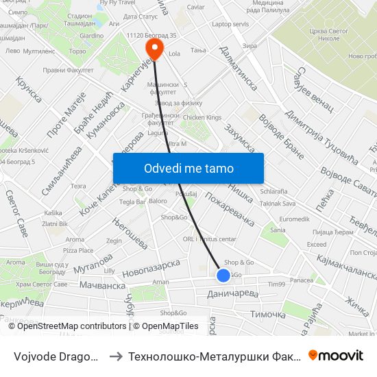 Vojvode Dragomira to Технолошко-Металуршки Факултет map