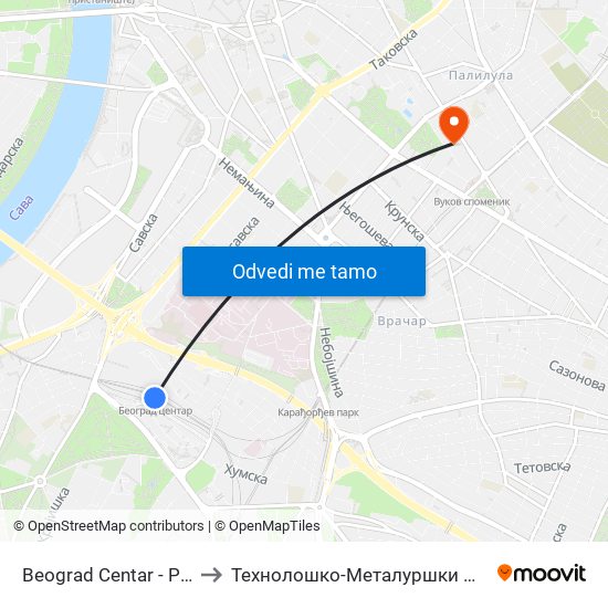 Beograd Centar - Prokop to Технолошко-Металуршки Факултет map