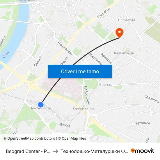 Beograd Centar - Prokop to Технолошко-Металуршки Факултет map