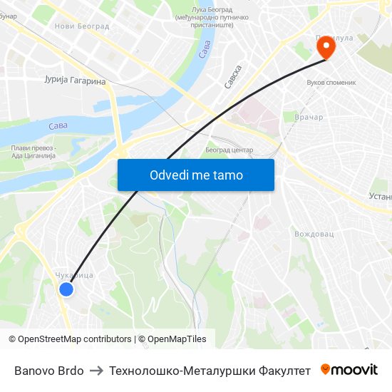 Banovo Brdo to Технолошко-Металуршки Факултет map