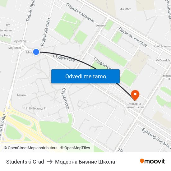 Studentski Grad to Модерна Бизнис Школа map