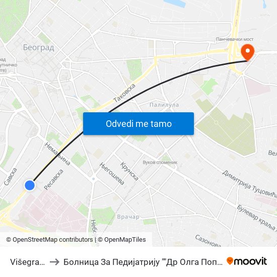 Višegradska to Болница За Педијатрију ""Др Олга Поповић-Дедијер"" map
