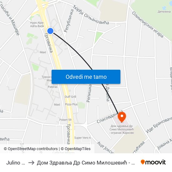 Julino Brdo to Дом Здравља Др Симо Милошевић - Огранак Жарково map