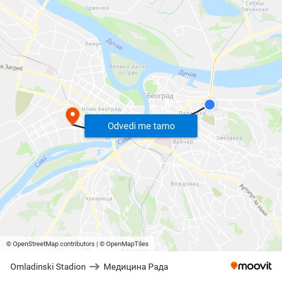 Omladinski Stadion to Медицина Рада map