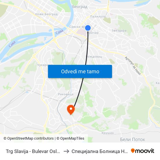 Trg Slavija - Bulevar Oslobođenja to Специјална Болница Нова Вита map