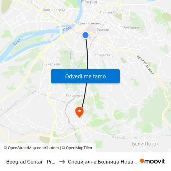 Beograd Centar - Prokop to Специјална Болница Нова Вита map