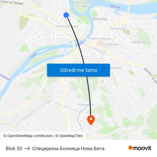 Blok 30 to Специјална Болница Нова Вита map