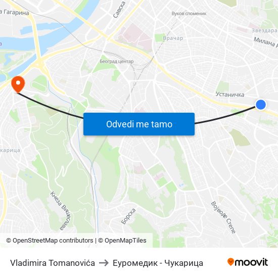 Vladimira Tomanovića to Еуромедик - Чукарица map