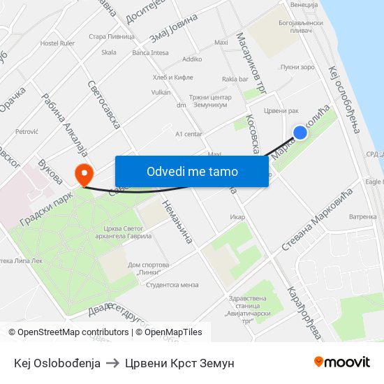 Kej Oslobođenja to Црвени Крст Земун map