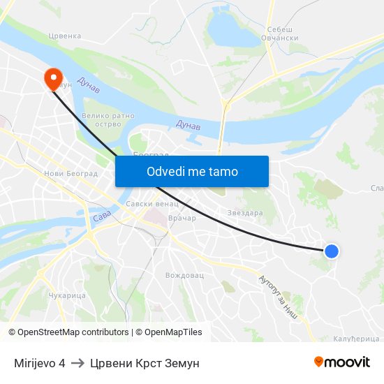 Mirijevo 4 to Црвени Крст Земун map